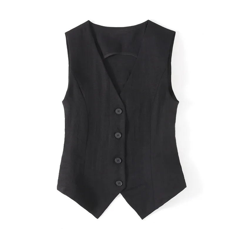 Linen waistcoat thin women's vest summer new high-end slim-fit short sleeveless suit V-neck vest clip
