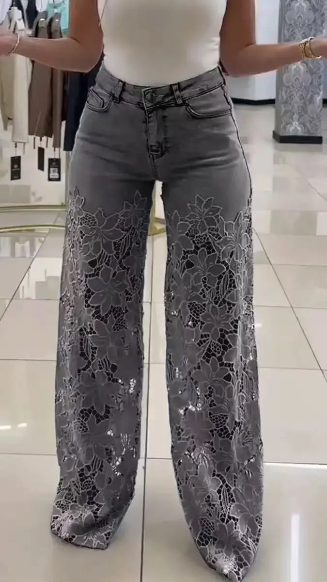 Careaymade-Lace Spliced Elegant Hollow Out Jeans Women New Temperament High Waist Straight Loose Denim Trousers Y2k Streetwear