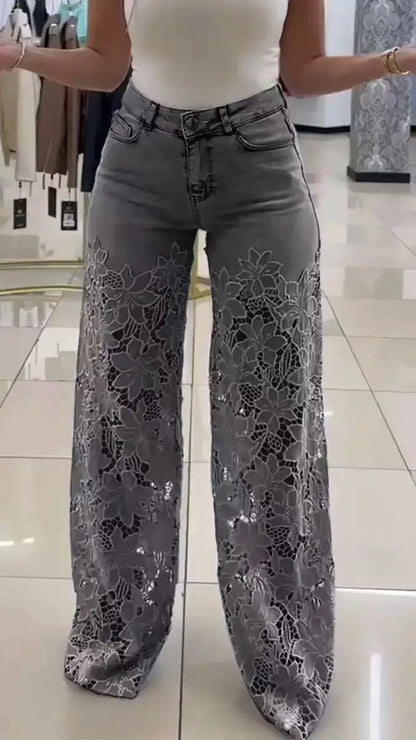 Careaymade-Lace Spliced Elegant Hollow Out Jeans Women New Temperament High Waist Straight Loose Denim Trousers Y2k Streetwear