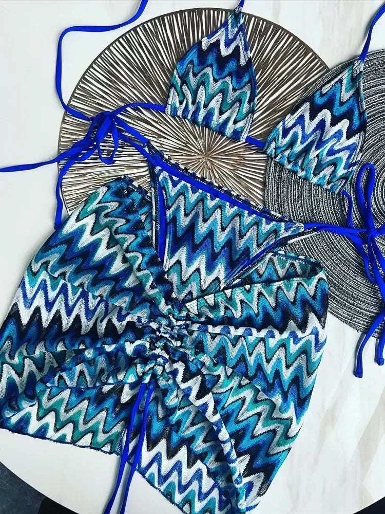 2025 Women Swimsuit Colored Maple Leaves Knitted Bikini Skirt Three-Piece Set Split Swimsuit Bikini