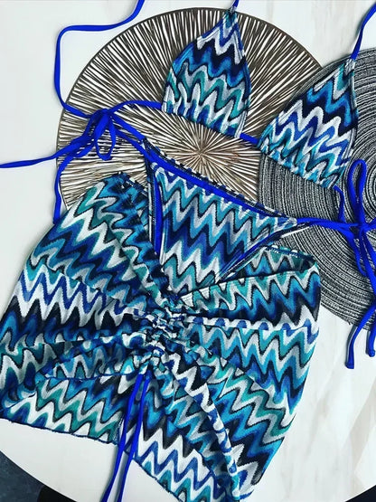 2025 Women Swimsuit Colored Maple Leaves Knitted Bikini Skirt Three-Piece Set Split Swimsuit Bikini