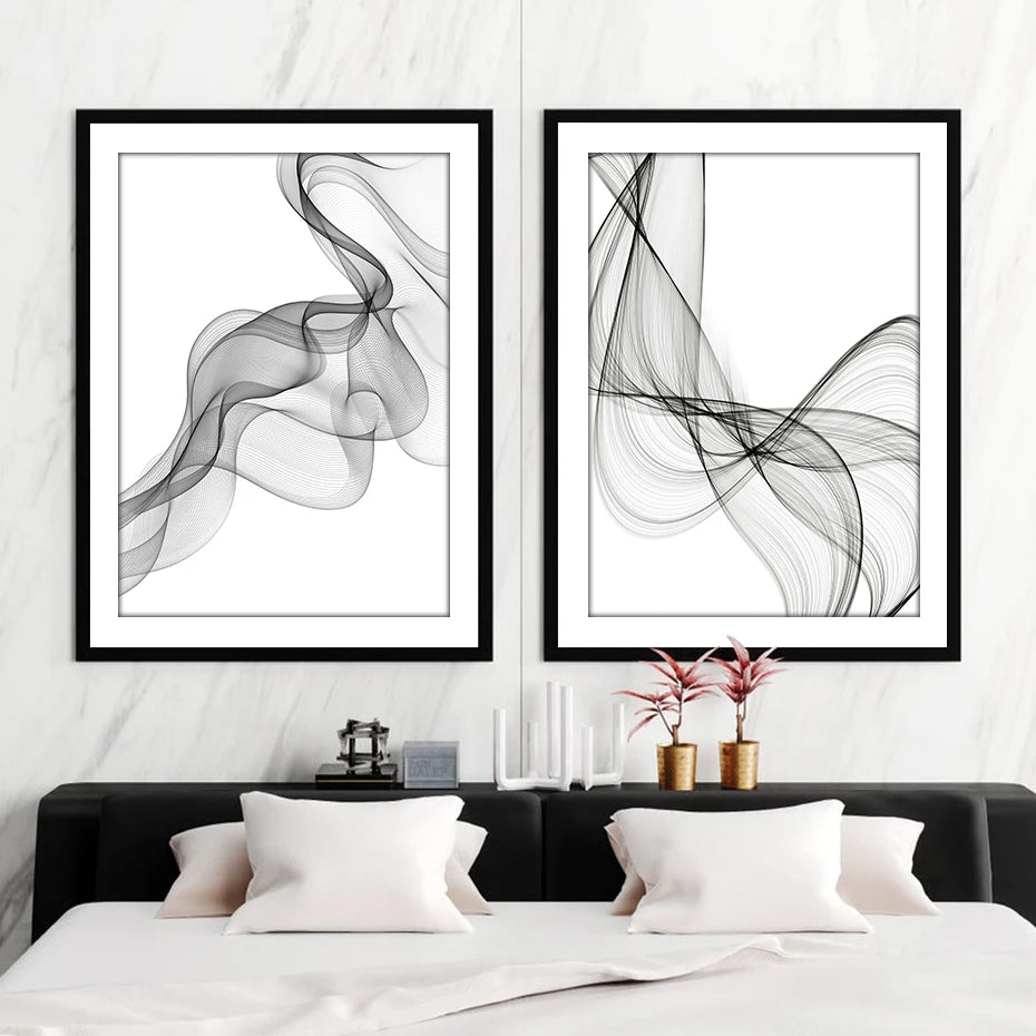 Canvas Prints Paintings Interior Wall Art Minimalist Black White Abstract Wavy Lines Poster Pictures for Living Room Home Decor