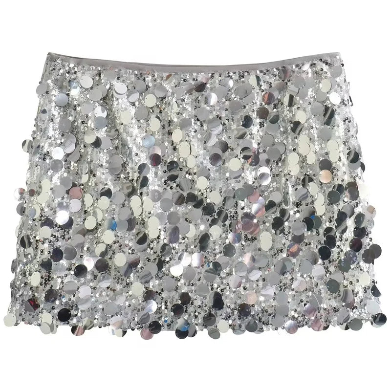 HXAO Women 2024 Sequin Dance Skirt Women's Skirt Summer High Waist Mini Skirts Shiny Silver Black A Line Skirt Chic Sexy Skirts
