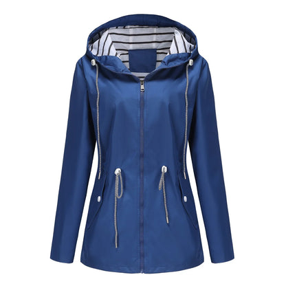 Women Outdoor Windbreaker Casual Loose Hooded Waterproof Raincoat Long Sleeve Solid Color Mid-length Zipper Hiking Jackets
