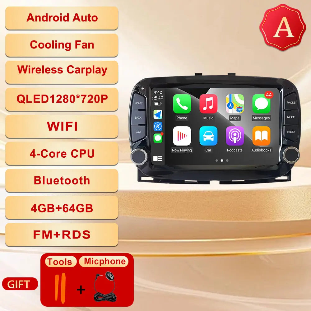 GPS Navigation Android 15 Auto Carplay 7" For FIAT 500 2016 - 2019 Stereo Multimedia Player 4G WIFI Bluetooth DSP 360 Camera