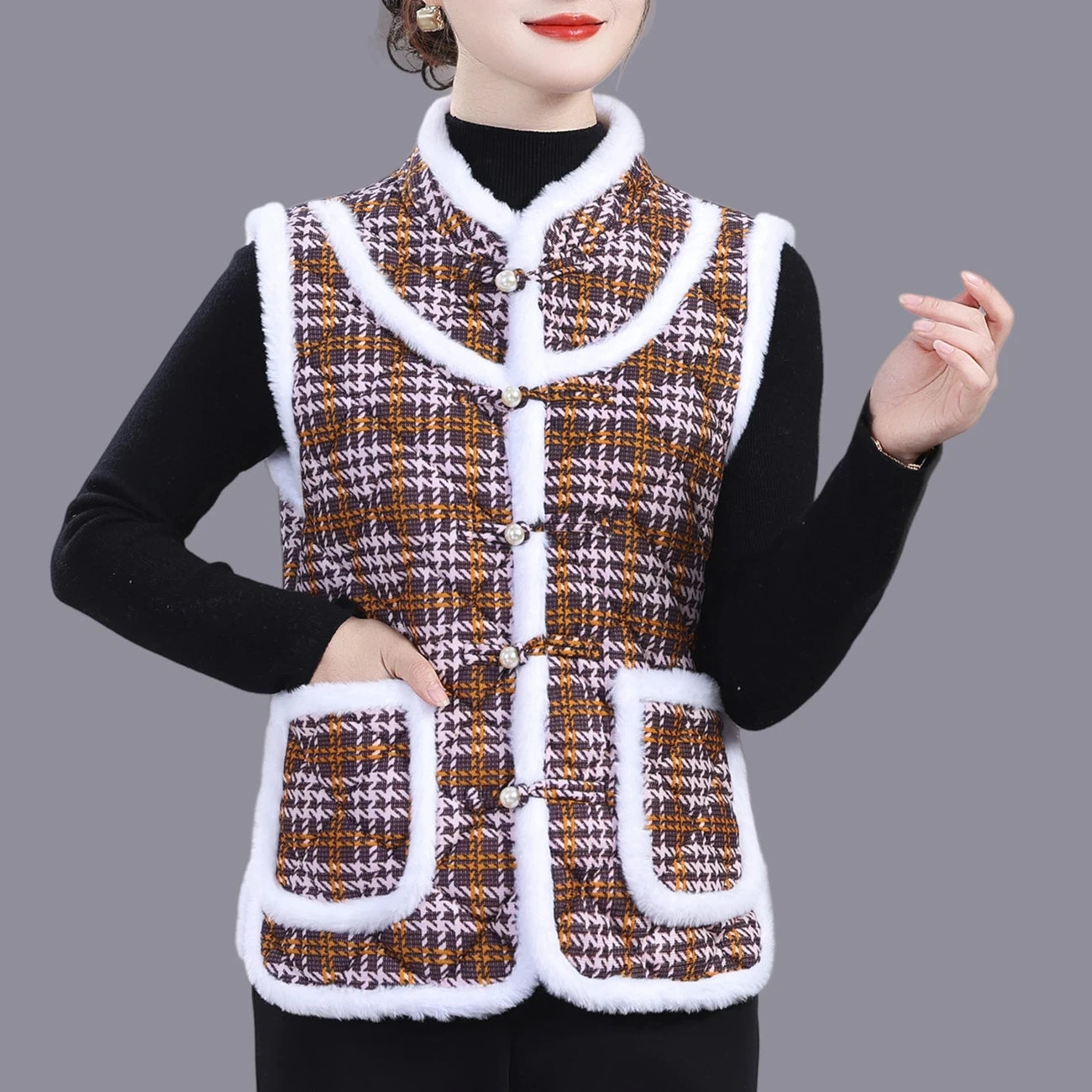 5XL Middle-aged Mother Vest Autumn Winter New Printed Fleece Vest Coat Female Sleeveless Jacket Grandma Thicken Warm Waistcoat
