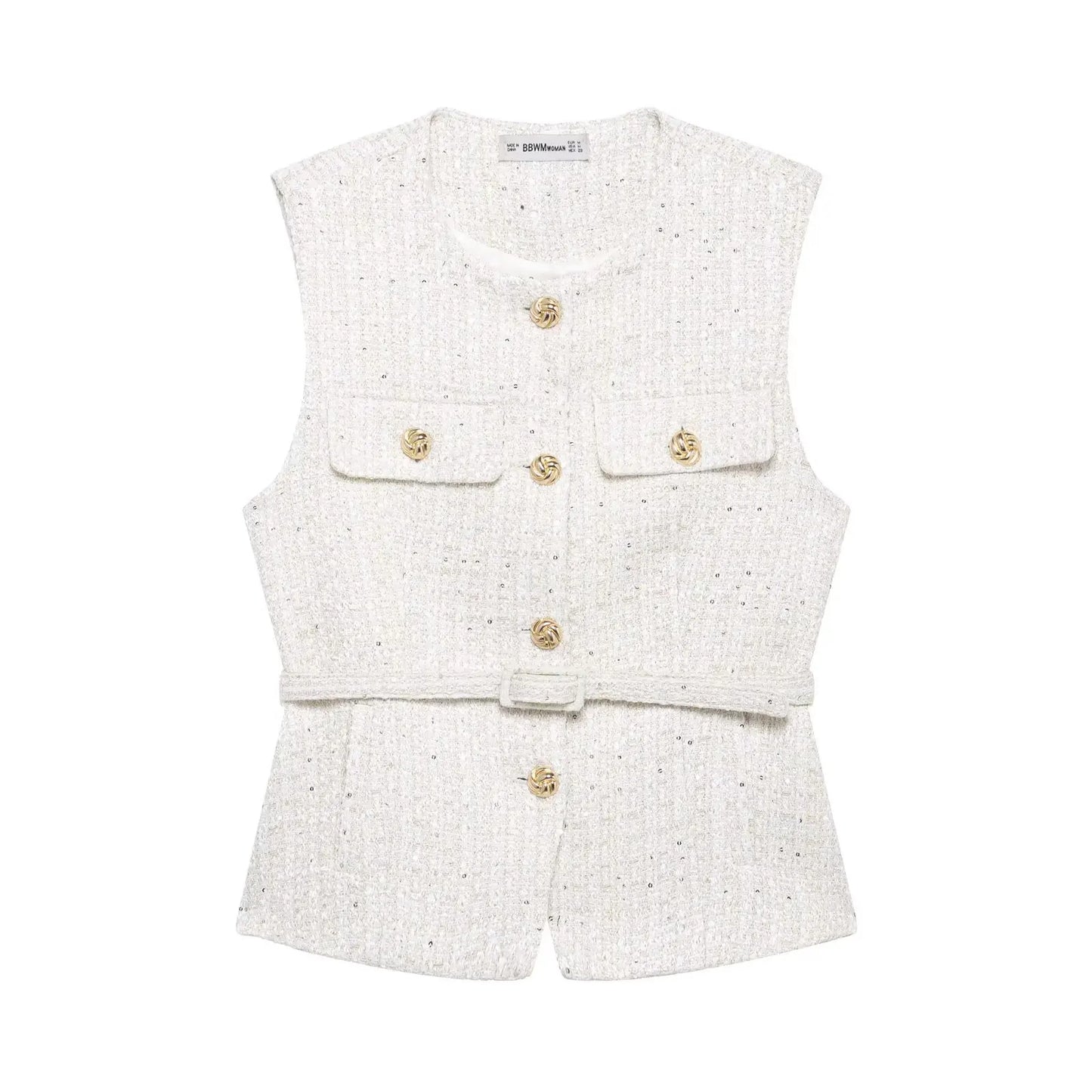 HH 2025 Elegant Women's Texture Belt Waistcoat Summer O-Neck Sleeveless Buttons Vest Jacket Female Slim Commuter Vest Tops