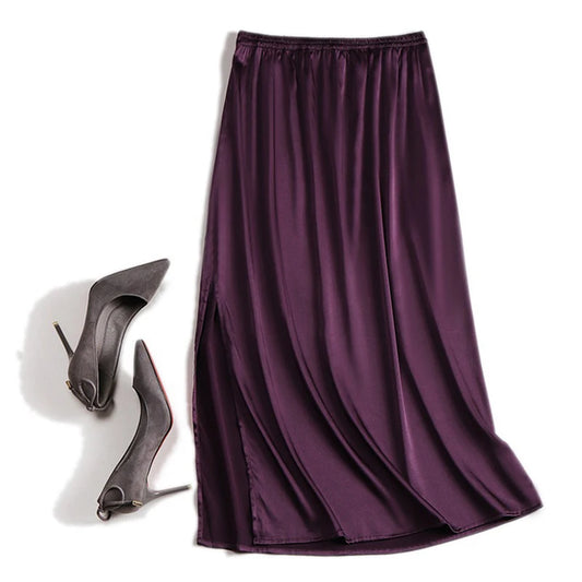 Women's 100% Mulberry Silk Midi Skirts Elastic High Waist A-Line Pull On Closure Summer Long Skirt