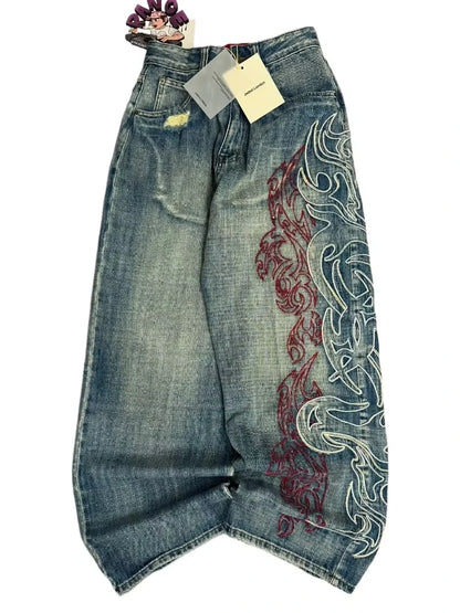 American New Fashion Old Washed Loose Jeans Women Y2K Hip Hop Harajuku Casual Joker Gothic High-waisted Wide-leg Trousers