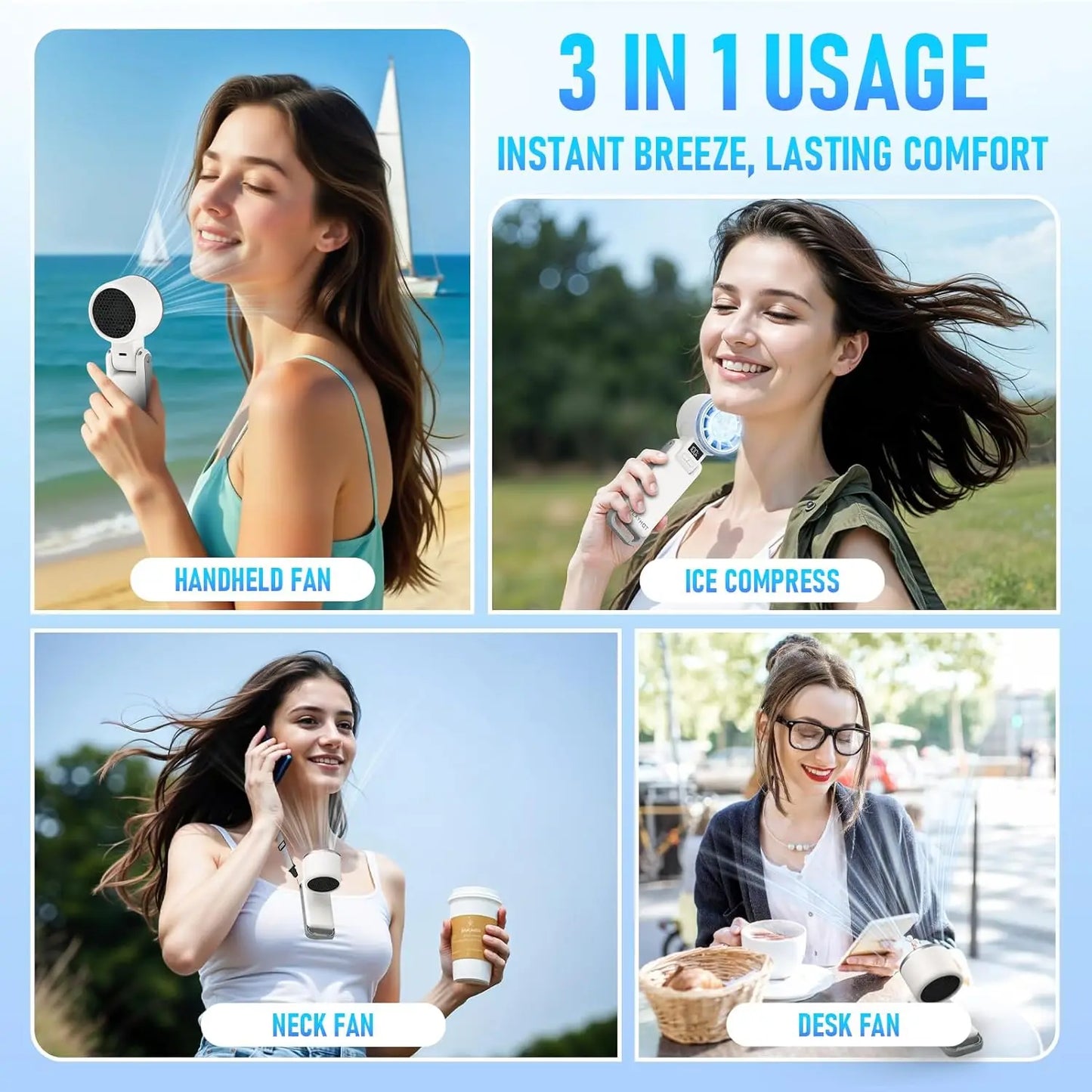 Portable Fan: 60°F Ice Cooling, Up to 12Hrs Runtime, 25550RPM Powerful Motor, 5 Speeds, Hand/Neck/Desk 3-in-1, Rechargeable