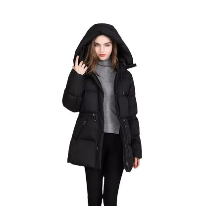 Winter Warm Hooded Coat Women's Mid-Length Waist Drawstring Jacket Windproof Thermal Outerwear