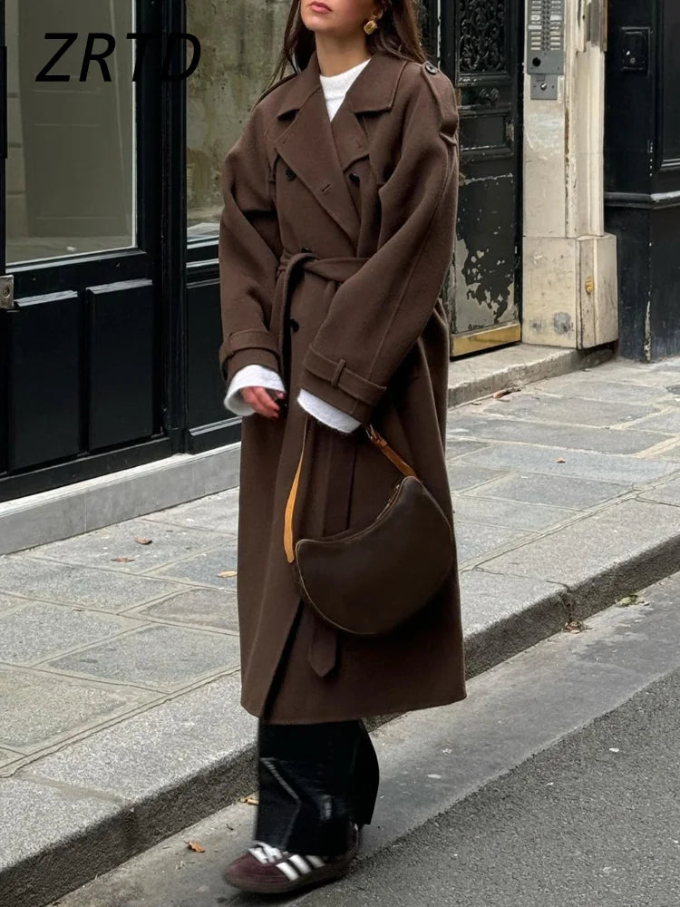 Street Women's Woolen Overcoat With Belt Loose Lapel Double Breasted Full Sleeve Long Coats 2025 Autumn Winter Lady Trench Coat