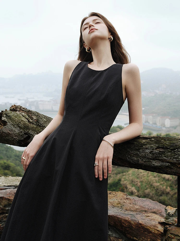 FSLE Women Summer Sleeveless Dress Cotton Long Temperament A-LINE Skirts Short Puff Sleeve Black Dress 24FS12489+24FS12730