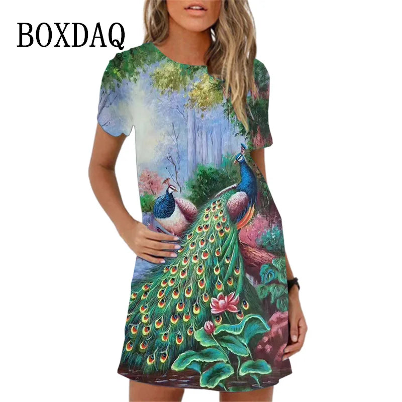 Sweet Cute 3D Print Women Dresses 2023 New Summer Short Sleeve Peacock Pattern Loose A-Line Dress Loose Casual Beach Party Dress
