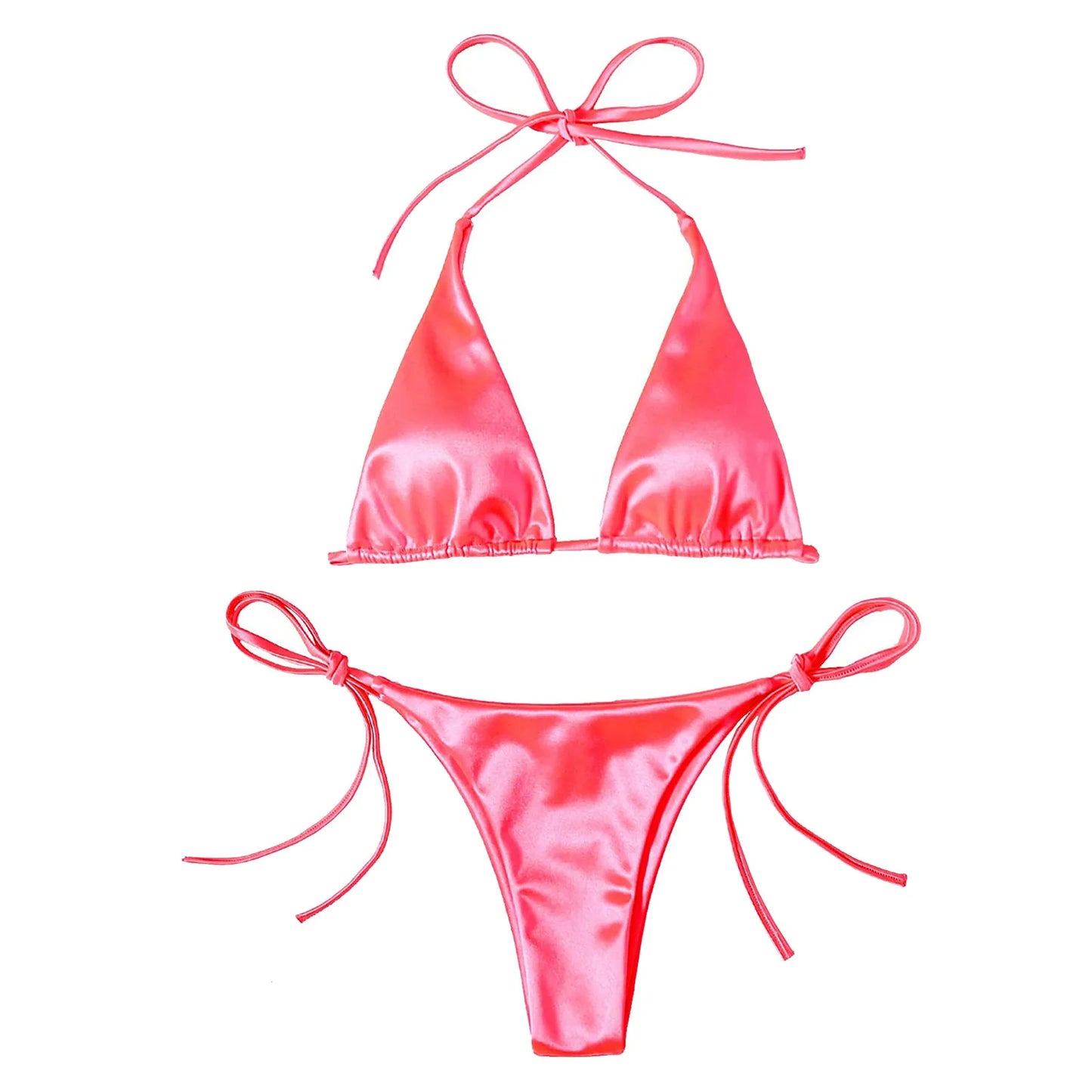 Brazilian Bikini Set Women Halter Neck Triangle Cup Swimwear Low Waist Satin Bandage Bikini Swimwear Summer Beach Bathing Suit