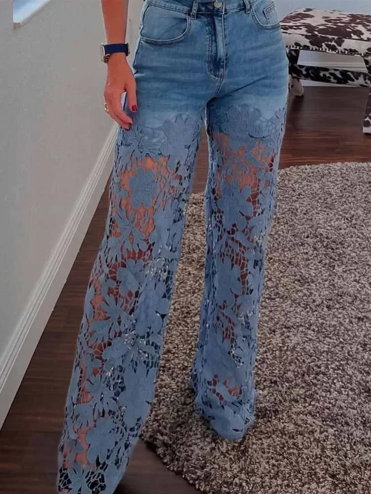 Careaymade-Lace Spliced Elegant Hollow Out Jeans Women New Temperament High Waist Straight Loose Denim Trousers Y2k Streetwear
