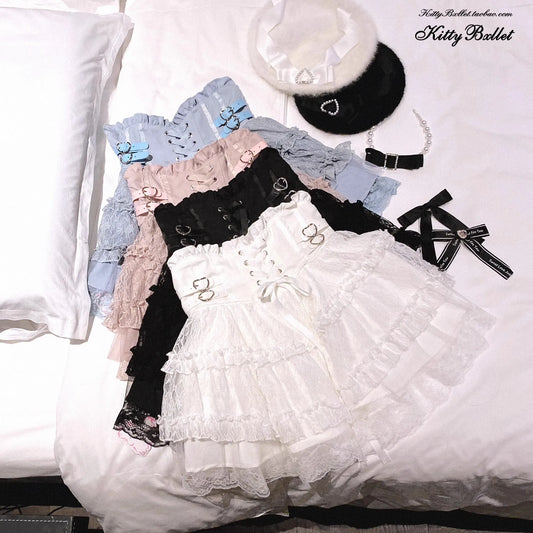 Japanese Original Lolita Lace Ruffle Edge Tied Bow High Waist Mini Skirt Spring Summer New Slim Waist Sweet Girl Y2k Skirt