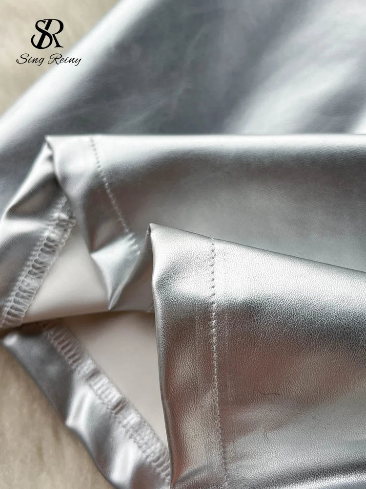 SINGREINY 2023 Strapless Sexy Short Dress Summer Sleeveless Bodycon Hollow Out Fashion Y2K Women Evening PU Leather Slim Dress