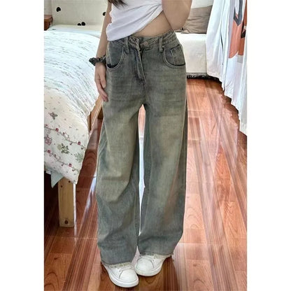 2024 New Retro High Waist Loose Flare Jeans Lady Designer Baggy Wide Leg Pants Korean Version Raw Edge Denim Blue Trousers 957