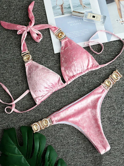 Halter Crystal Rhinestone Diamond Bikini 2025 Female Swimsuit Women Swimwear Two Pieces Bikini set Brazilian Bathing Suit Swim