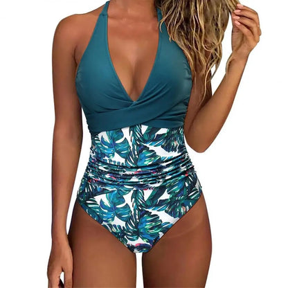 Women Monokini Sleeveless One-piece Swimsuit Patchwork Color Backless Tummy Control High Waisted Bathing Suit Lady Beachwear