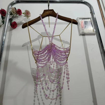2025 New Women's Necklace Beaded Vest Hollow Out Top Jewelry Exaggerated Pearls Neck Bra Fashion Bra Women's Club Carnival