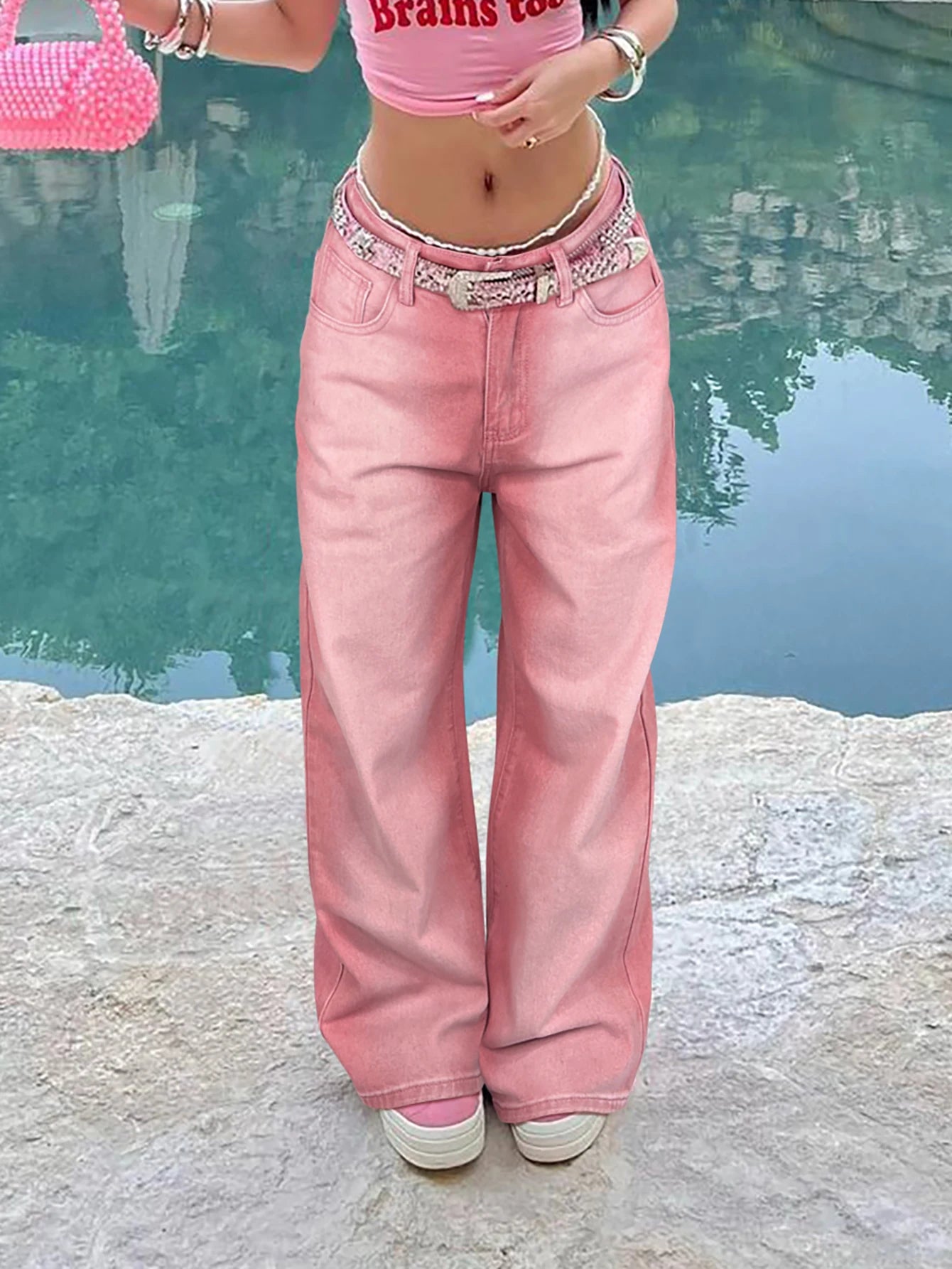 Street Pink Solid Gradient Washed Wide-Leg Jeans Mid-Rise Slant Pockets Suitable For Casual Everyday Streetwear All Season Match