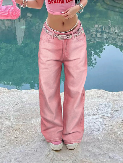 Street Pink Solid Gradient Washed Wide-Leg Jeans Mid-Rise Slant Pockets Suitable For Casual Everyday Streetwear All Season Match