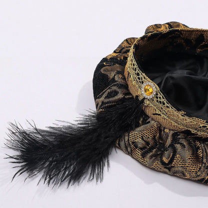 Medieval men's and women's hats with feathers, muffin top hats, Renaissance-era flat hats and clothing headdresses