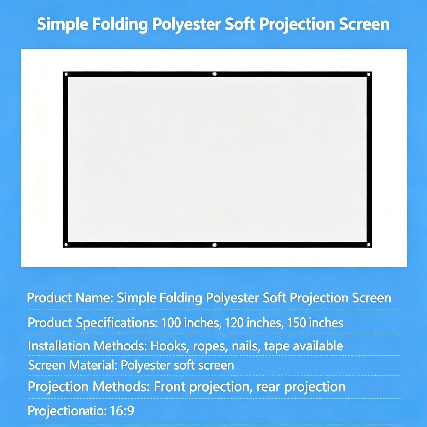 16:9 Portable Foldable Projector Screen, Wall Mount Projection Screen with Grommets, Indoor Outdoor Movie Screen