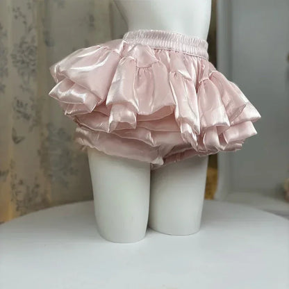 Sweet Elastic Waist Short Skirt Chic Ruffle Cake Princess Satin Puffy Skirt