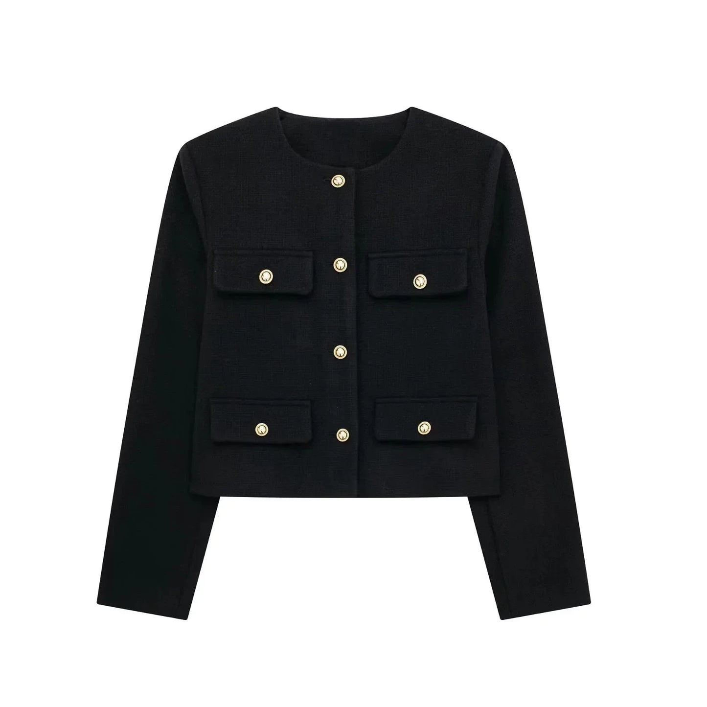 Women Elegant Cropped Jacket 2025 Women's Fashion Jacket O-Neck Long Sleeved Flip Pocket Coat Female Casual Outwear Tops