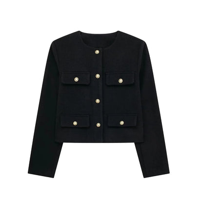 Women Elegant Cropped Jacket 2025 Women's Fashion Jacket O-Neck Long Sleeved Flip Pocket Coat Female Casual Outwear Tops