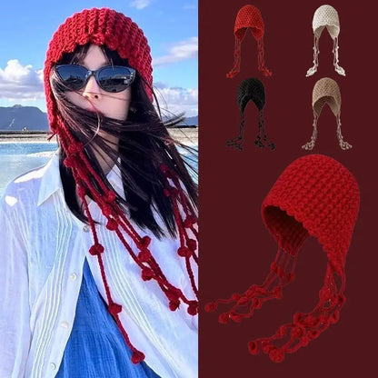 Women's Fashion Hand Woven Tassel Ball Knitted Hat Comfortable Warm Soft Skin-friendly Pullover Cap Street Photography Travel