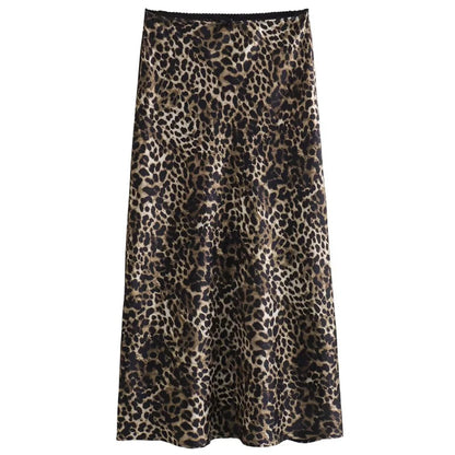 HXAO Woman Bow Leopard Print Skirts Women's Skirt Summer Satin Long Skirt High Waist Vintage Smooth Skirts Luxury Elegant Skirts