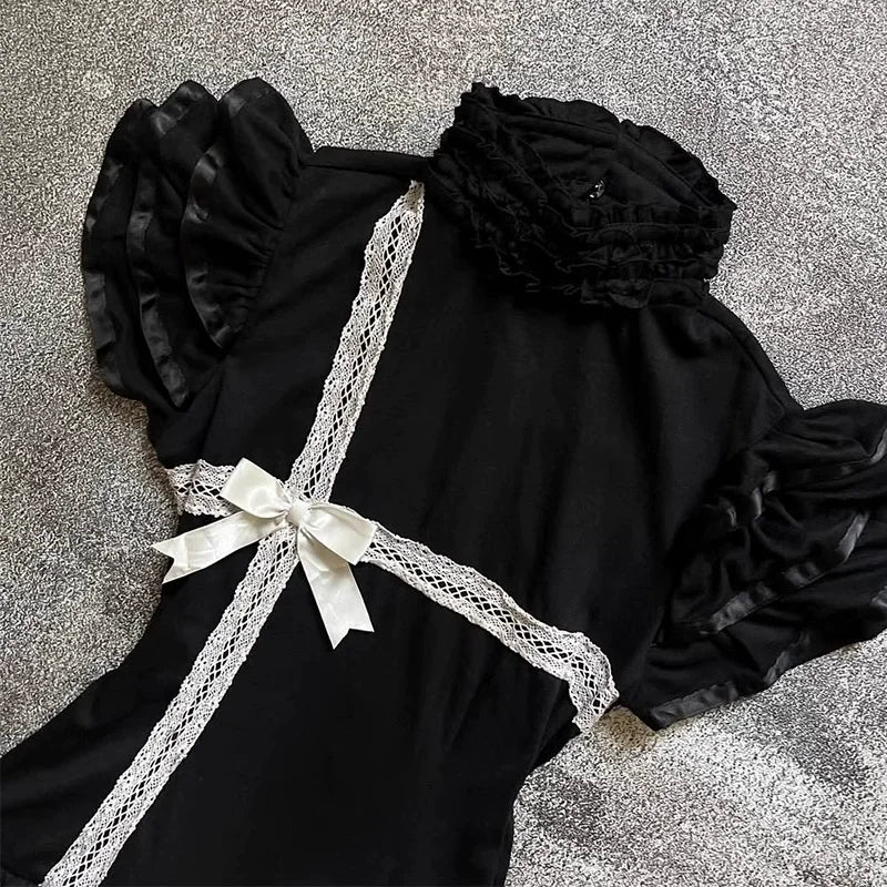Y2K Japanese E-girl Gothic Vintage Half High Neck Short Sleeved Bow Lace Dress Cinched Waist Cool Girl Black Streetwear Dress