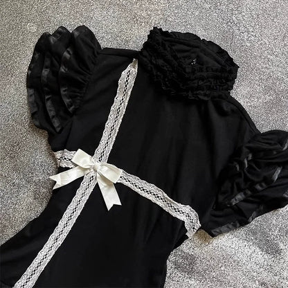 Y2K Japanese E-girl Gothic Vintage Half High Neck Short Sleeved Bow Lace Dress Cinched Waist Cool Girl Black Streetwear Dress