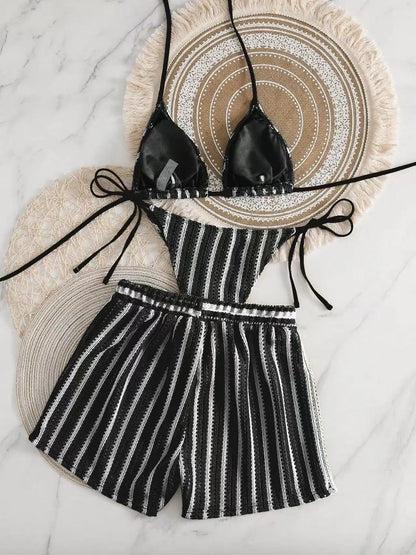 2026 new style boxer shorts mesh three-piece women's swimsuit neck lace-up bikini set