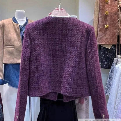 2025 Korean Purple Tweed Short Jacket Women's Coarse Woolen Coat Spring Autumn O-neck Single-breasted Streetwear Lady Outerwear