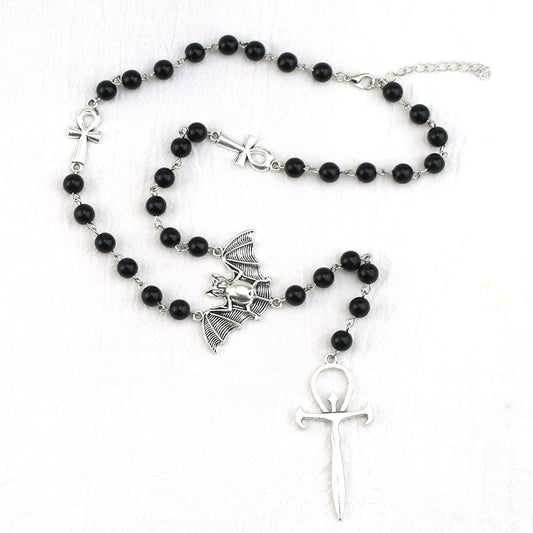 Gothic Bat Cross Rosary Necklace for Women Fashion Mystery Witch Jewelry Accessories Gift Silver Color Bat Charm Vampire Choker