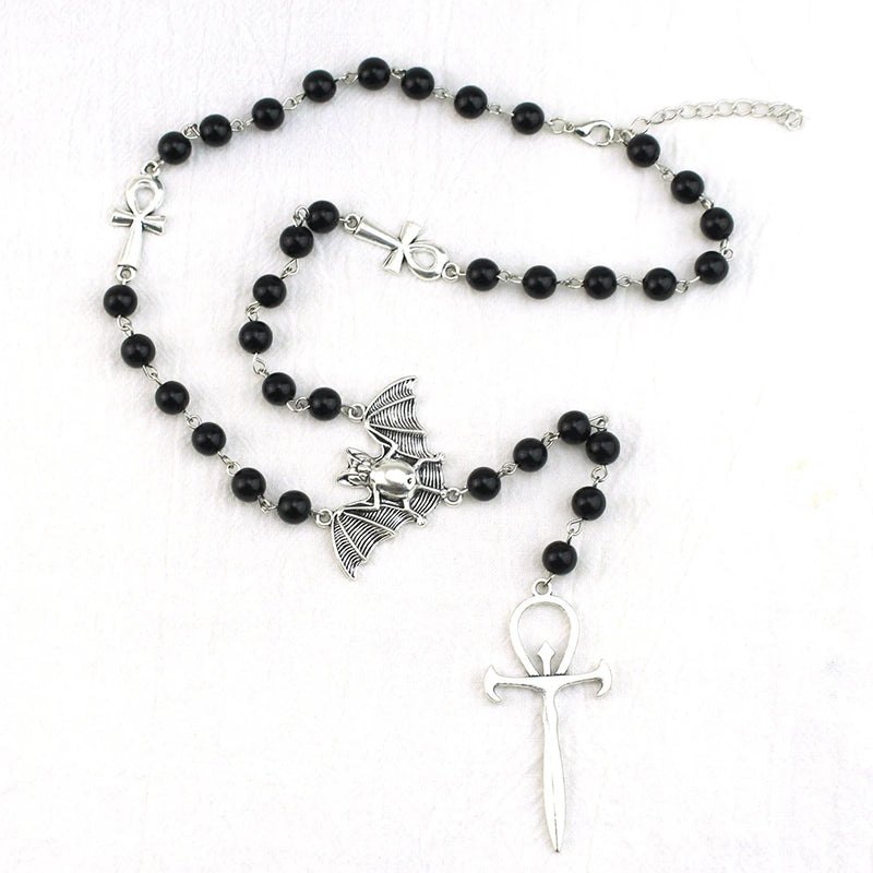 Gothic Bat Cross Rosary Necklace for Women Fashion Mystery Witch Jewelry Accessories Gift Silver Color Bat Charm Vampire Choker