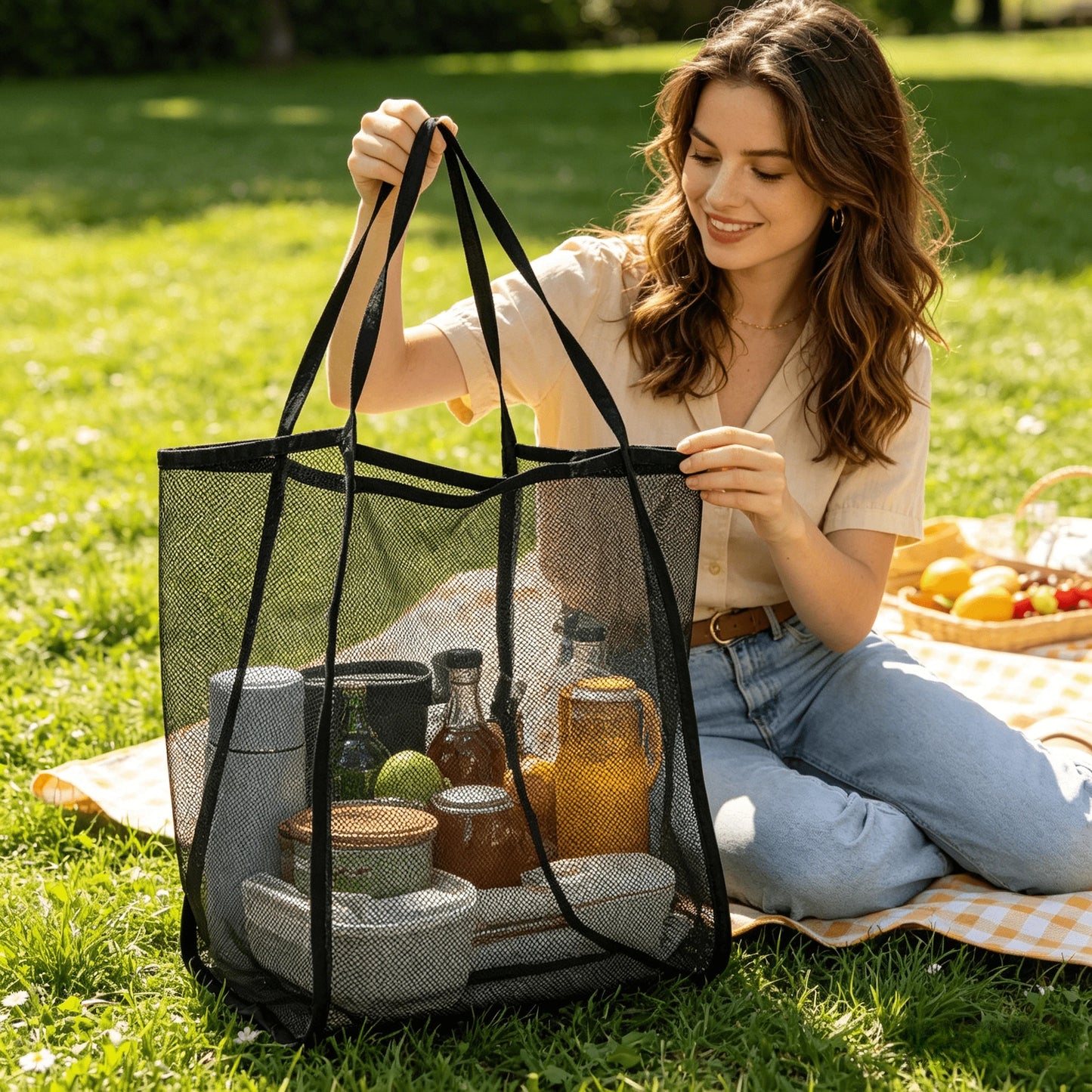 Travel Mesh Beach Bag, Large Beach Tote Bag for Family Travel/Vacation, Sandproof Woven Shoulder Handbag Large Inner Pocket.