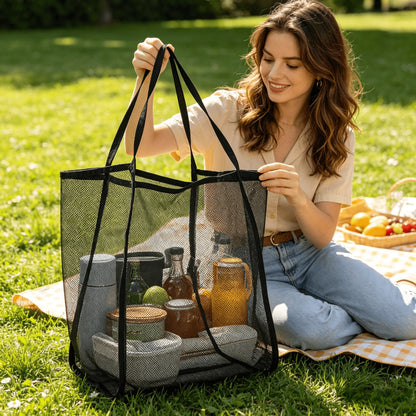 Travel Mesh Beach Bag, Large Beach Tote Bag for Family Travel/Vacation, Sandproof Woven Shoulder Handbag Large Inner Pocket.
