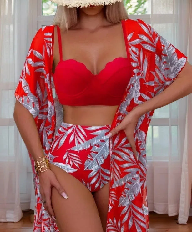 Elegant Printing 3 Piece Bikini Set Women Swimsuit Vintage High Waist Bikini Mesh Cover Up 2025 New Bathing Suit Biquini Female