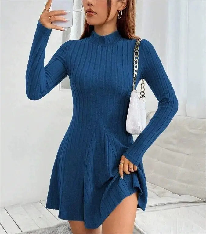 Women Autumn Winter Knitted Dress Lady Casual Long Sleeve Half High Collar Mini Dress Versatile Black Dress Woman Youth Dresses