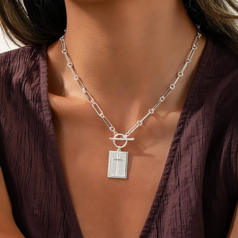European and American Fashion Chain Cross Square Pendant, OT Buckle Necklace, Women's Personalized Daily Party Jewelry Gift