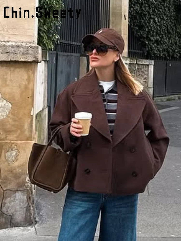 Casual Short Woolen Blends Coats Women Loose Lapel Bouble Breasted Pocket Full Sleeve Jacket 2025 Autumn Winter Lady Solid Coat