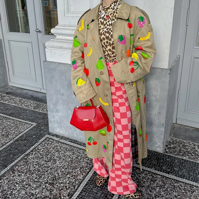 Fruit Pattern Print Wind Coat Single Breasted Turn-down Collar Long Coat Fashion Pocket Trench Coat 2025 Spring Lady Outerwear