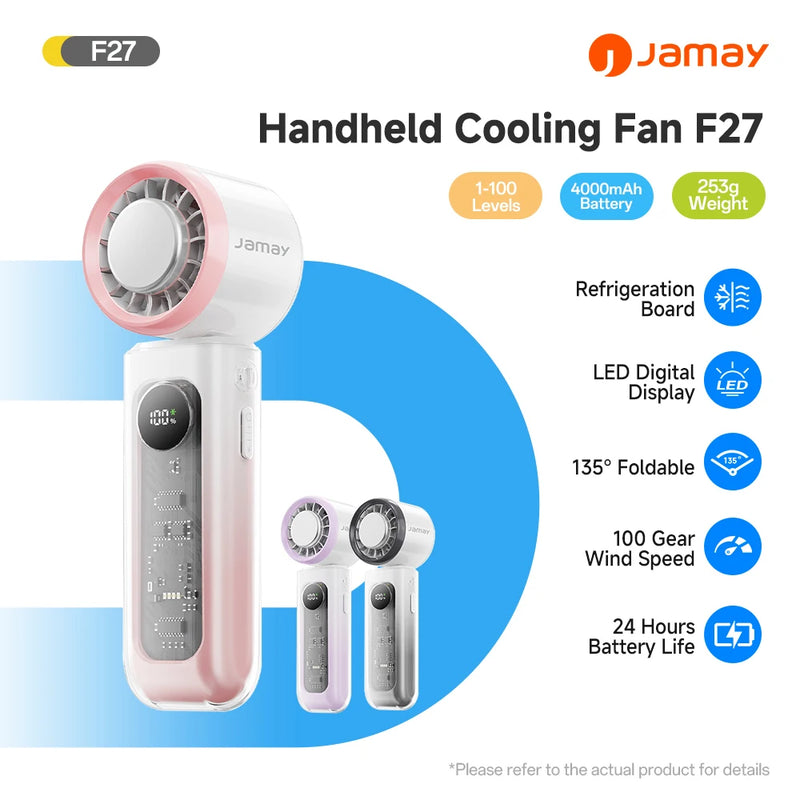 Portable Handheld Fan Transparent Design LED Digital Display 100 Gear Strong Wind Speed 135°Foldable 24-hour Battery Life F27