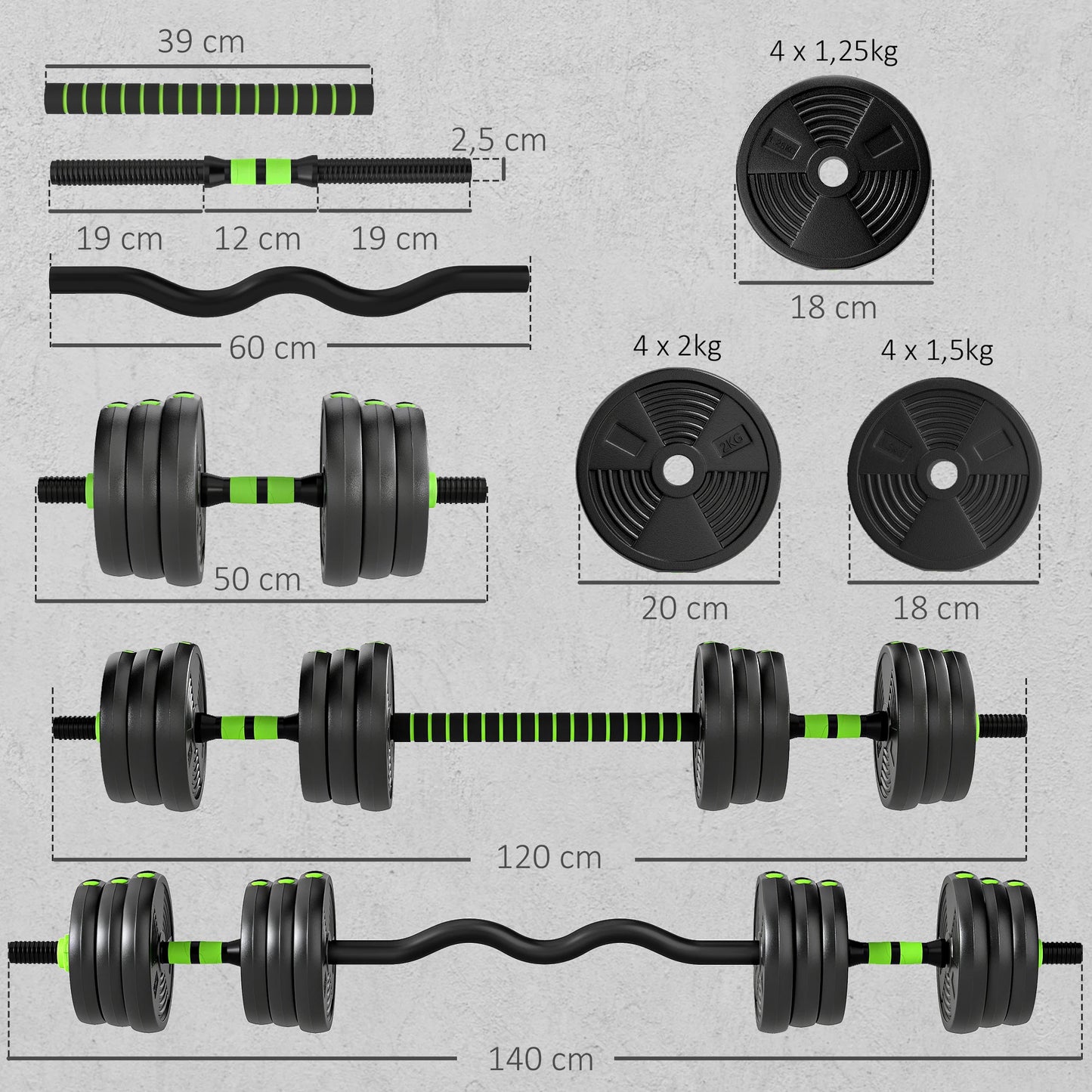 Sportnow Adjustable Dumbbell Set 2/3 in 1 20kg, Weight Set with Connecting Bar and Non-Slip Handle, Weights and Dumbbells